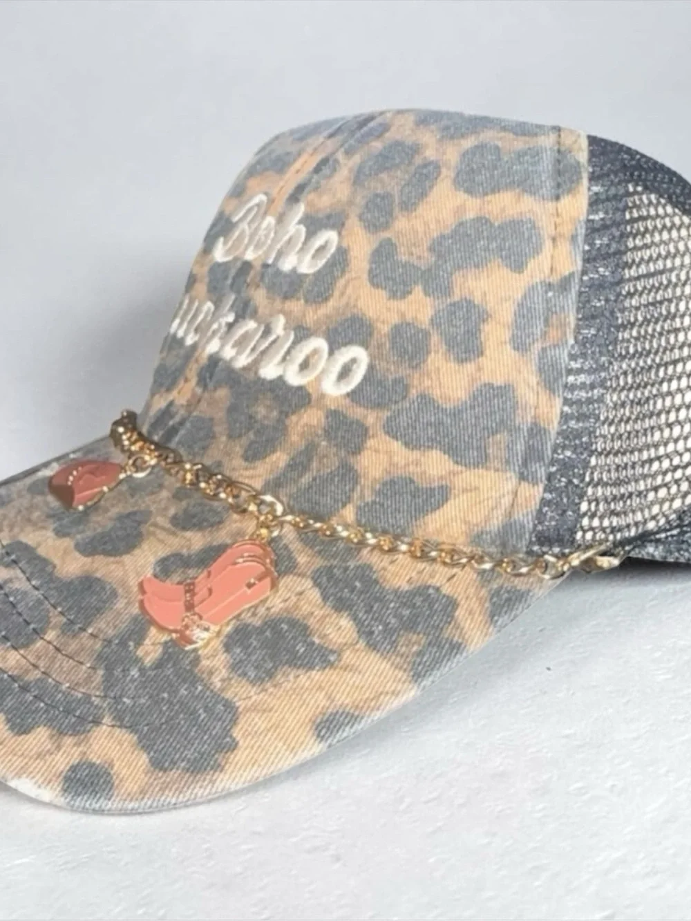 Boho Buckaroo Leopard Chain Cap w Gold Chain & Charms